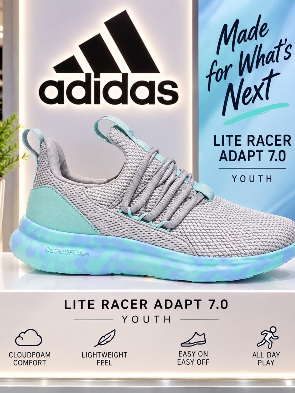 adidas Lite Racer Adapt 7.0 K – Youth Size 4/5.5 Women – JR0815